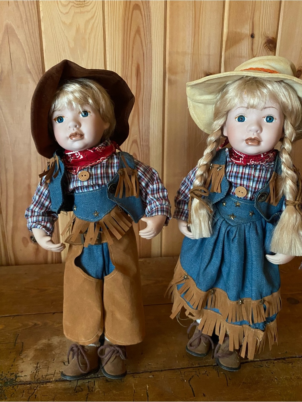 Porcelain Cowboy & Cowgirl Doll Pair in Blue and Brown
